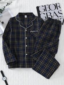 Conjunto de pijama casual y cómodo con cardigan de cuello de solapa a cuadros y pantalones para adolescentes