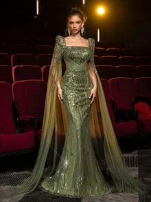 Glamrae فستان أنيق فاخر أخضر زيتوني بياقة مربعة وأكمام طويلة مرصع بالترتر شفاف بتصميم حورية البحر، مناسب للزفاف والحفلات والمناسبات الرسمية والسهرات الراقية وحفلات الضيوف