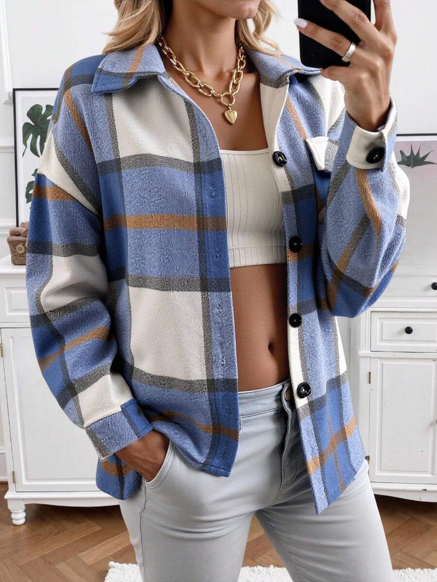 Chiquease 格紋翻蓋口袋落肩袖外套 - 彩色 - 查看 1