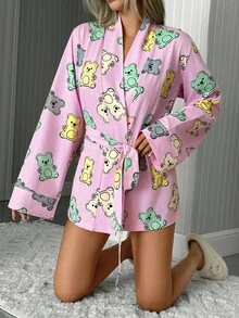EURMUSE Women Cotton Cute Bear Pattern Long Sleeve Velted Cute Homewear Robe For Ladies - Multicolor - View 5