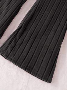 Sparklyn 2pcs/Set Girls Elegant Beaded Knit Ribbed Fuzzy Crew Neck Puff Sleeve Top And Simple Knit Pants Casual Outfit, Autumn/Winter - Black - View 6