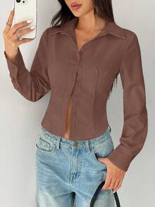 SHEIN PETITE Áo sơ mi dài tay cơ bản, giản dị, có cạp chun - màu nâu - Xem 6