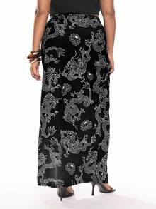 Solavibe 女性加大碼龍紋劈叉裙