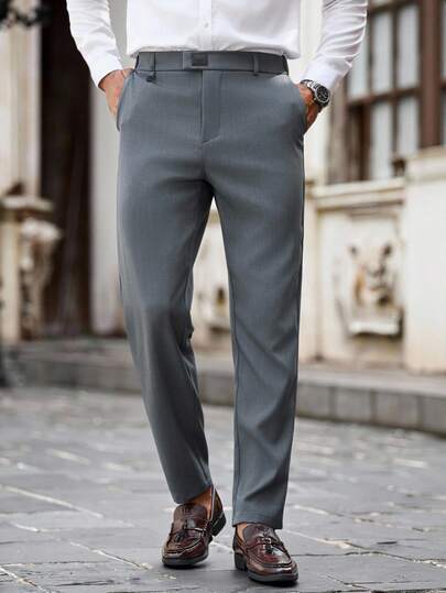 Manfinity Bizformal Pantalones de traje para hombres, pantalones rectos de vestir casuales, sin arrugas, con decoración en la cintura, pantalones de vestir holgados y versátiles de color gris, pantalones transpirables, para otoño