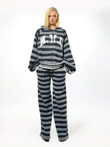 SUMWON WOMEN Quần len ống rộng Varsity có họa tiết chữ đính đinh tán, quần mặc nhà thoải mái, quần mùa đông thoải mái, quần sọc cổ điển - Màu xanh lam - Xem 4