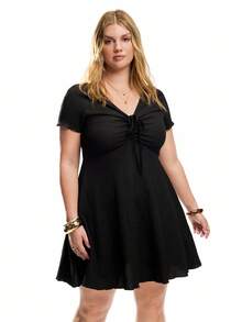 Solavibe Plus Size Black Knit Textured Fabric Dress, Spring/Summer,Summer Dresses For Women,Dresses Casual - Black - View 1