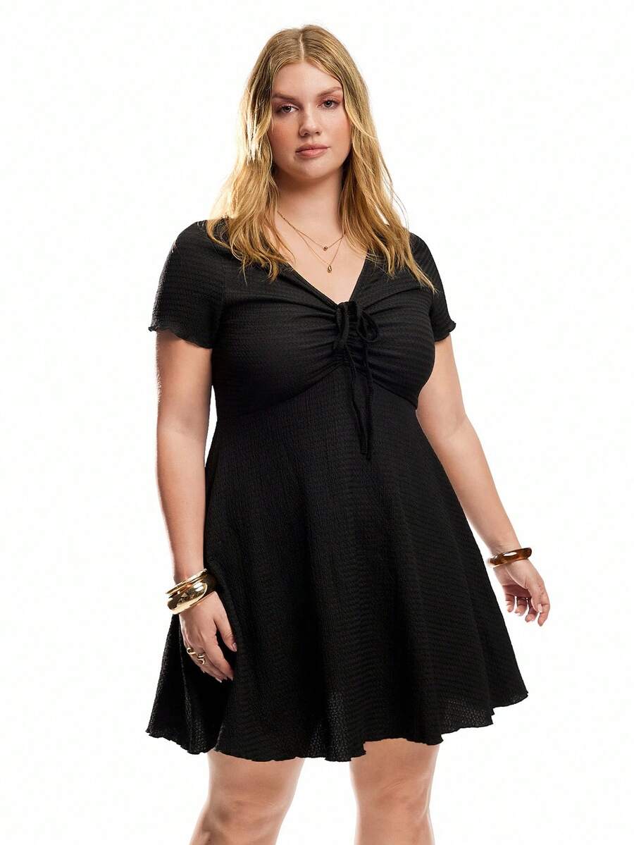 Solavibe Plus Size Black Knit Textured Fabric Dress, Spring/Summer,Summer Dresses For Women,Dresses Casual - Black - View 1