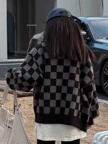 DAZY 秋冬款少女休闲棋盘格开衫 - 彩色 - 查看 4