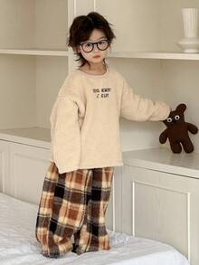 DAZY 2件套儿童男童圆领抓绒字母刺绣卫衣+裤子家居服套装，冬季 - 卡其色 - 查看 7