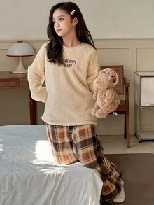 DAZY 2pcs Tween Girl Tween Girls Crew Neck Fleece Letter Embroidered Sweatshirt + Pants Loungewear Set, Autumn - Khaki - View 8