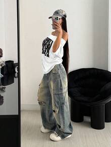 StreetHx 女款蓝白复古字母印花宽松休闲短袖 T 恤，适合工作和日常穿着，春夏季