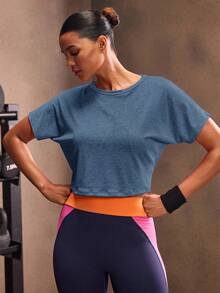 Powerista Áo thun thể thao tay cánh dơi hở lưng cho nữ tập gym - Màu xanh hải quân - Xem 3