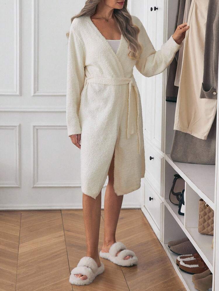 Louniche 女士简约长款针织睡袍，秋冬家居服 - 杏色 - 查看 3