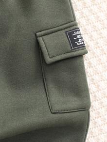 SHEIN 2pcs/Set Baby Boy/Girl Casual Sports Letter Graphic Pocket Hoodie & Elastic Waist Pants Set, Suitable For Autumn/Winter Baby Boy Winter Sets Baby Casual Sets - Army Green - View 3