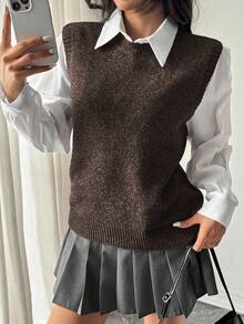 Chiquease Women's Casual Versatile Solid Color Knit Vest - Coffee Brown - View 6