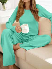SHEIN Cottnline Women 2pcs Rib Knit With Round Neck Long Sleeve Top&Pants Homewear Comfort Lounge Set - Mint Green - View 5