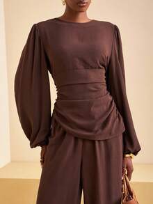 Zivah 2025 秋季新款音乐节、复活节、圣帕特里克节、西部风、游牧风、生日派对、毕业典礼、学院风、学生装、日常休闲、百搭百搭、休闲、邮轮旅行、海滩、日光浴、病毒式传播、街头服饰、婚礼嘉宾波西米亚风、通勤、早午餐、机场、派对、节日装扮、不对称下摆长袖缎面衬衫和高腰阔腿裤两件套 - 棕色 - 查看 8