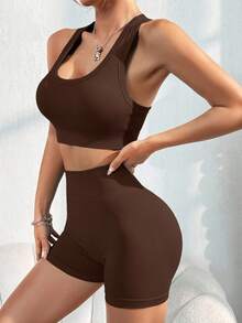 Gameset SHEIN Sport Women Solid Color Sleeveless Simple Top And Shorts Casual Set Gym Set Workout Women Set - Coffee Brown - View 4