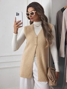 Louniche Women's Elegant Texture, High-End Simple Open-Front Vest, Long Woolen Coat - Apricot - View 4