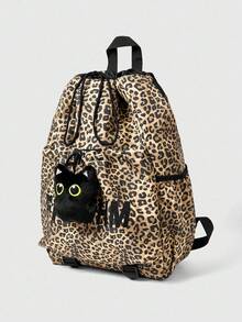 ROMWE Grunge Punk 朋克学院风猫爪、骨头、星条色块多口袋男女通用背包，大容量通勤上学两用背包，返校必备，大学包，大学必备 - 豹紋色 - 查看 2