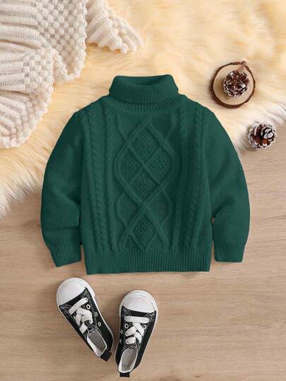 SHEIN 婴幼儿高领纹理针织毛衣，复古风格休闲宽松套头衫，适合上学、居家、外出、秋冬穿着
