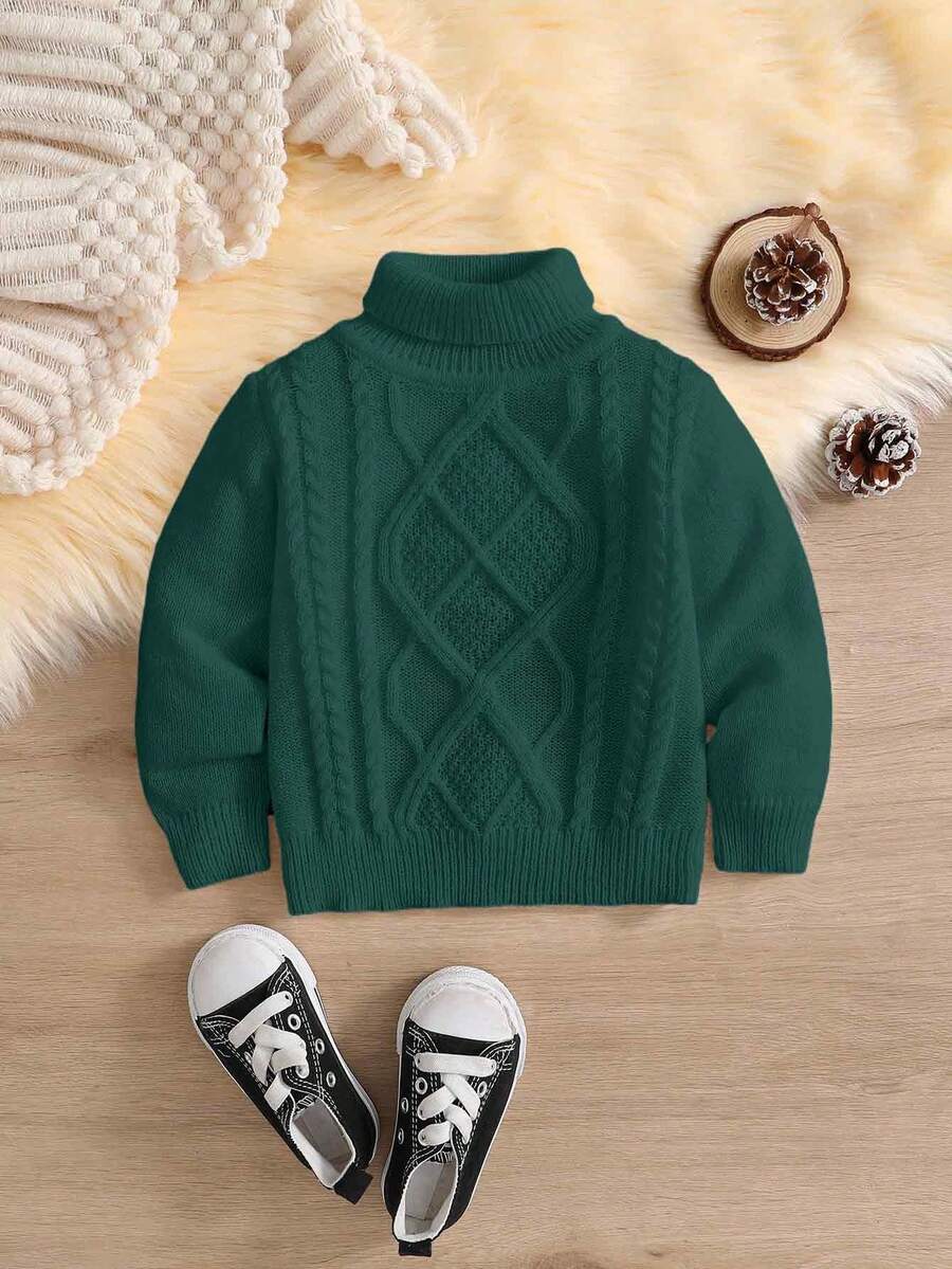 SHEIN Maglione lavorato a maglia con collo alto per bambini/bambini piccoli, stile vintage, casual, vestibilità morbida, adatto per scuola, casa, uscite, autunno/inverno - Verde Scuro - Visualizzare 1