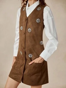 Chiquease Vestido casual y elegante de mujer con bolsillo, de tela de ante y con aplicaciones de strass, sin mangas, en estilo bohemio - Marrón - Ver 5