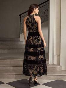 ZEYLAH Velvet & Lace Patchwork Cinching Waist Dress, Autumn/Winter - Black - View 4