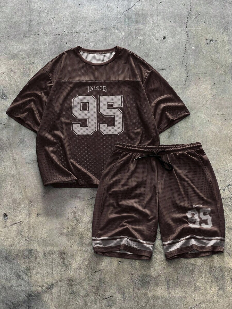 AXEPEAK 男士数码印花网眼宽松短袖T恤套装 - 棕色 - 查看 1