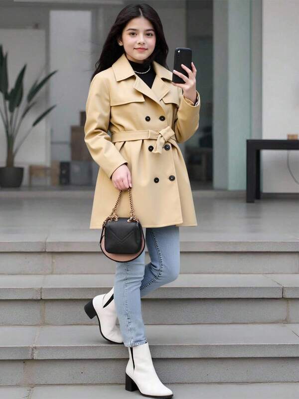 Girls' Casual British Style Solid Color Lapel Button-Front Long Sleeve Belted Fashion Jacket, Autumn/Winter Fall
