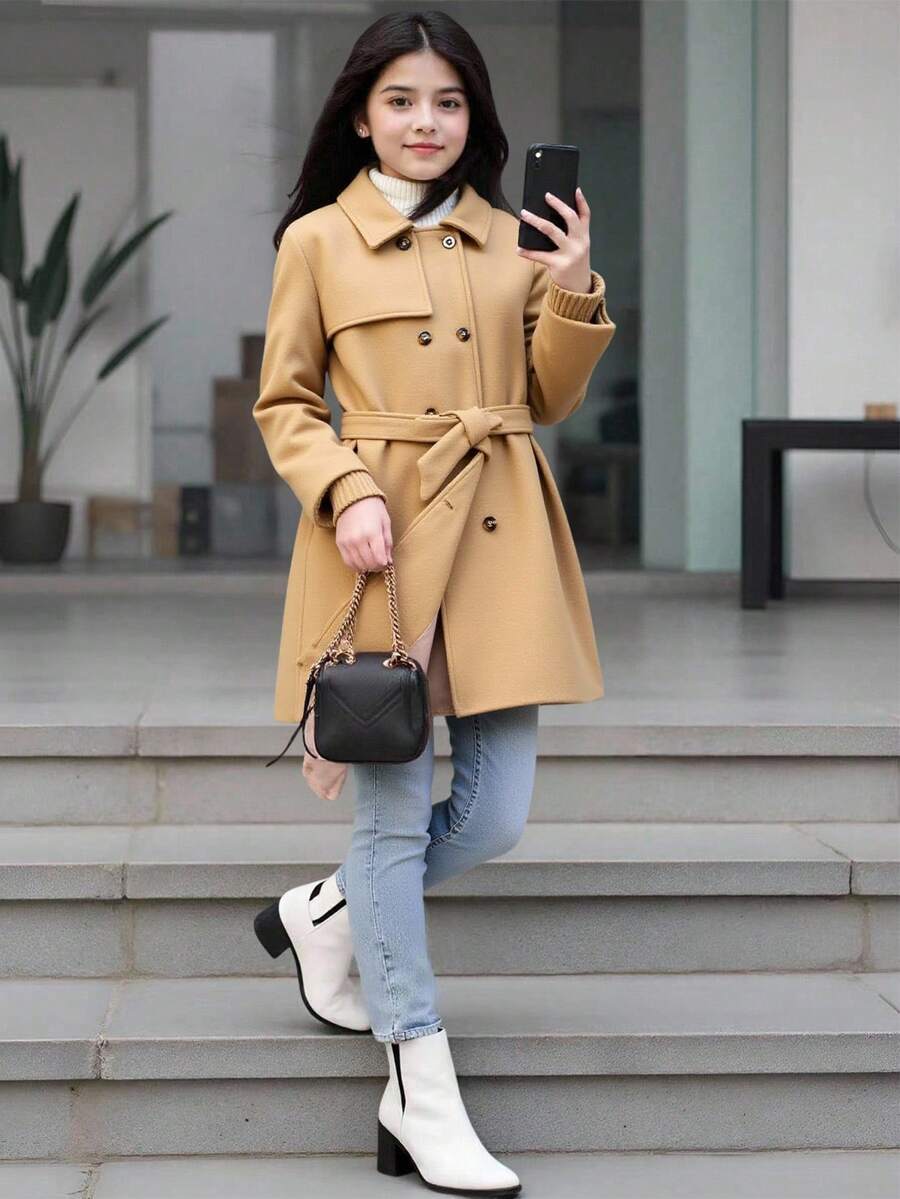 一件少女驼色双排扣中长款外套，腰部系带，时尚百搭，复古优雅设计，穿着舒适，适合秋冬季上学、外出等场合。 - 駝色 - 查看 1