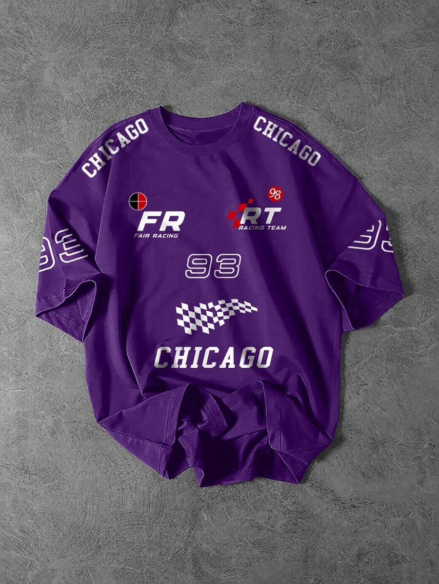 PAVTROS 男士休闲夏季字母印花 T 恤 - 紫色 - 查看 1