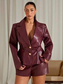 Wellenrocha Plus Size Women's Solid Color Lapel NeckLong Sleeve Single-Breasted PU Leather Elegant Jacket, Autumn - Burgundy - View 6