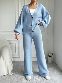 EURMUSE Women's Solid Color Sweater 2pcs Set - Baby Blue - View 4