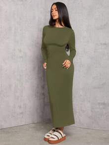 SHEIN PETITE Solid Color Pleated Waist Black Long Sleeve Dress ,Petite Women - Army Green - View 7