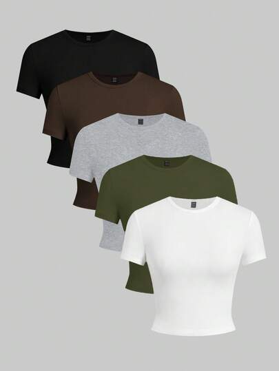 SHEIN EZwear Set de 5 camisetas de manga corta de ajuste delgado de unicolor básico