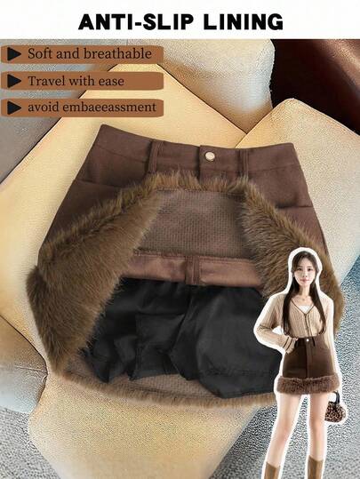 Celisse 咖啡色拼布仿皮草A字高腰迷你裙，秋冬