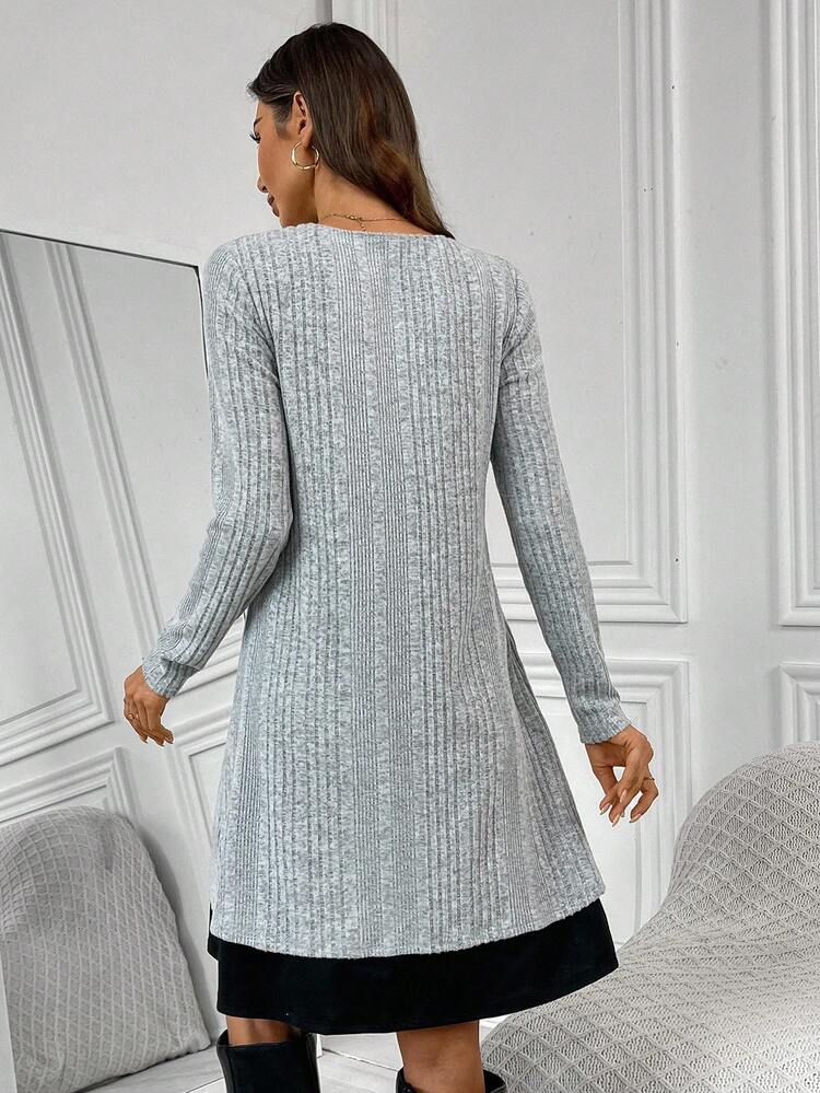 Women's Button Design Round Neck Long Sleeve Contrast Ribbed Casual Loose Mini Dress Women Solid Color Patchwork Long Sleeve Minimalist Short Casual Dress Fall Women Clothes