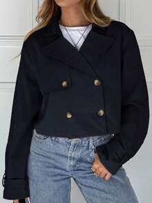 SHEIN EZwear Plus Size Casual Notched Collar Double-Breasted Black Windbreaker, Autumn/Winter