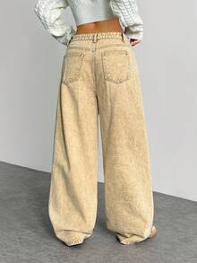 Jeanoix Quần jeans ống rộng lưng thấp giặt thường ngày - Màu Khaki - Xem 3