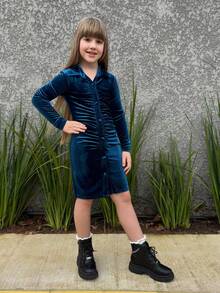 SHEIN Váy xếp ly cổ bẻ màu trơn cho bé gái tuổi mới lớn - Màu xanh lam - Xem 3