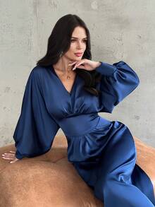 Firerie 女士优雅精致浪漫约会日常返校时尚派对/舞会礼服 V 领垂坠收腰蝙蝠袖 3/4 袖海军蓝长裙 - 藏蓝色 - 查看 9