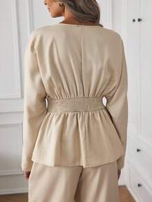 Louniche Women's Solid Color V-Neck Long Sleeve Elegant Top And Pants 2 Pieces Set