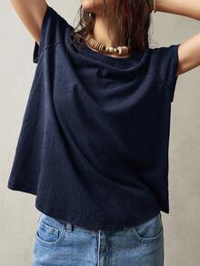 Bohemela 女式休闲纯色短袖T恤，夏季 - 藍色 - 查看 7