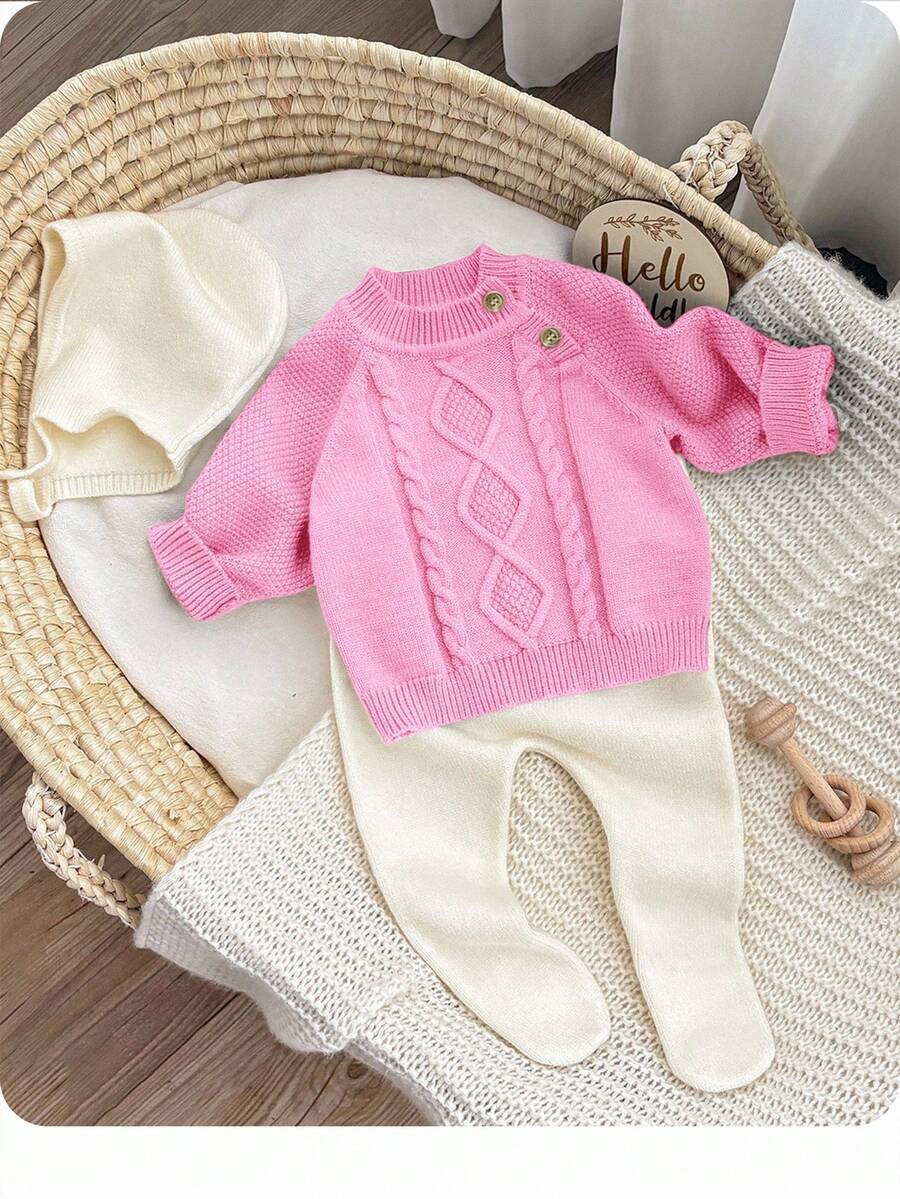 SHEIN 新生儿精致图案长袖毛衣和针织裤套装(带帽子),秋冬 - 粉色 - 查看 1