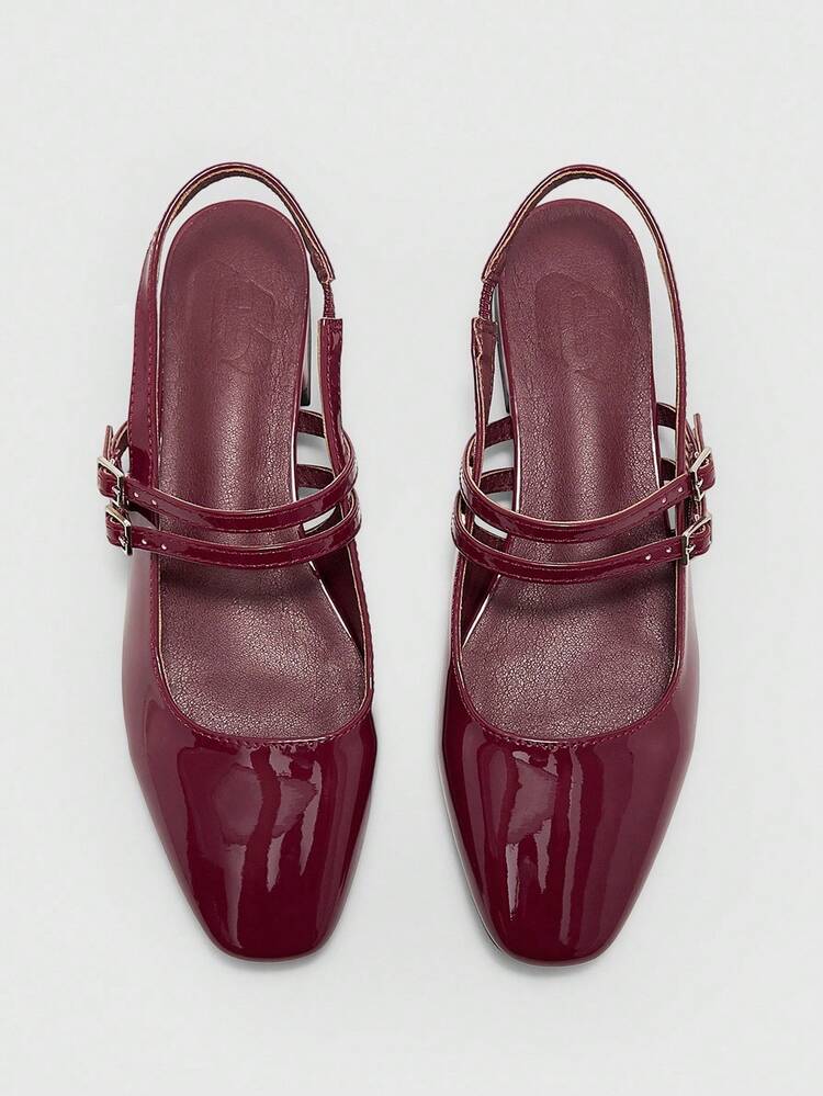 CUCCOO BIZCHIC Women's Square Toe Flat Mary Jane Shoes, Burgundy, Simple Design With Strap, Casual, Commute, Date, Party, Holiday For Christmas Spring Shoes
