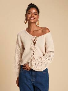 Travachic Cárdigan de mujer de unicolor con hombros caídos y manga larga, con nudo de cordón, para otoño, blusa con cordones, cárdigan de punto, cárdigan de otoño e invierno, para fiesta de Navidad, Año Nuevo, invitada de boda, graduación elegante, baile de gala de lujo, cárdigan casual - Albaricoque - Ver 5