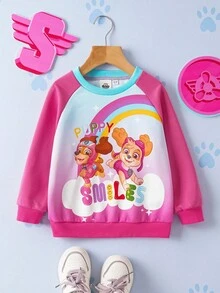 SHEIN | PAW Patrol 小女孩可爱甜美小狗彩虹渐变印花撞色插肩袖卫衣，秋冬 - 粉色 - 查看 2