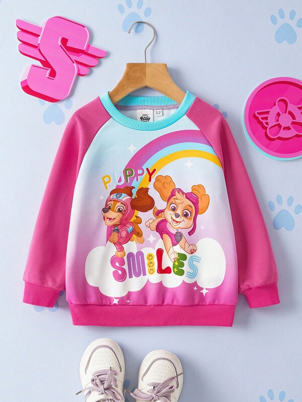 SHEIN | PAW Patrol Bluza dla młodej dziewczyny z uroczym, słodkim szczeniakiem, tęczowym nadrukiem ombre i kontrastowymi rękawami typu raglan, jesień/zima