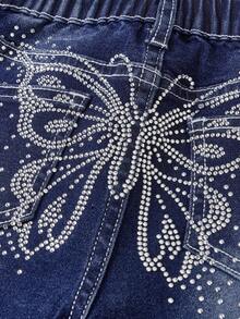 SHEIN Tween Girl Navy Blue Butterfly Rhinestone Flared Jeans,Y2k Back-To-School Casual School Summer Denim Stretch Tight Pants For Vintage Streetwear Rave - Blue - View 3
